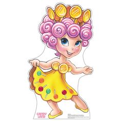 a paper cutout of a girl with pink hair holding a yellow purse and coins