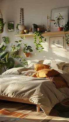 a bed with lots of pillows and plants on the wall above it in a bedroom