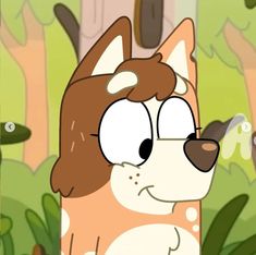 a cartoon dog is standing in the woods