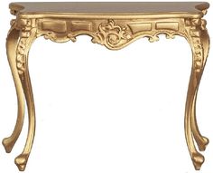 a gold console table with an ornate design on the top and bottom, against a white background