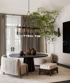 a dining room table with chairs and a potted plant in the center, next to a chandelier