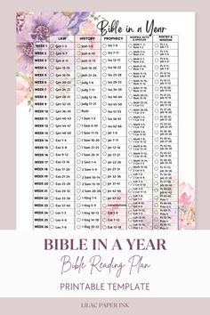 the bible in a year printable planner is shown with purple flowers and pink watercolors