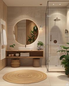 a bathroom with a large round mirror above the sink and a plant in front of it