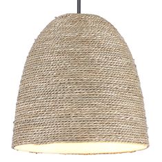 a light that is hanging from a rope lamp shade with a black cord attached to it