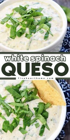 A white queso for your game day menu ideas! This warm dip is an easy Super Bowl recipe with only 4 ingredients. Creamy and zippy, this white spinach queso dip is an addictive football appetizer! Easy Football Party Food, Spinach Queso, White Queso, Recipes Sides, Dip Dip, Recipe Cover, American Recipes, Football Party Food, Party Appetizers