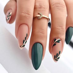 Faster shipping. Better service Nails With Eucalyptus Design, French Tip With Green Design, Nails That Go With Green Dress, Nails Green Leaves, Fake Nails Green, Nails Fresh, Jagua Henna, Golden Line