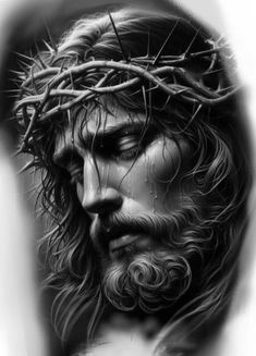 the face of jesus with a crown of thorns on his head, in black and white