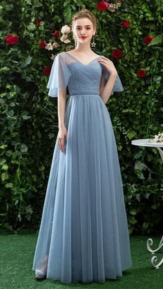 V Neck Gown With Sleeves, A Line Bridesmaid Dresses, Prom Dress With Short Sleeves, Tulle Long Prom Dress, Kelly Brown, Cheap Prom Dresses Long, Prom Dress Long, Formal Ball Gown, Tulle Bridesmaid Dress