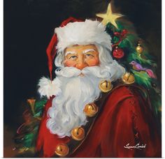 a painting of santa claus holding a christmas tree