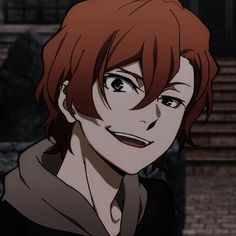 an anime character with red hair and brown eyes looks at the camera while standing in front of a building