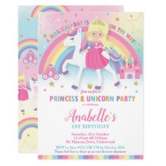 a unicorn birthday party with rainbows and stars on it's back, including an envelope