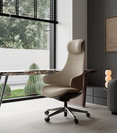 an office chair sitting in front of a window