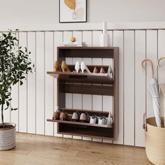 a wooden shelf filled with lots of shoes next to a potted plant on top of a hard wood floor