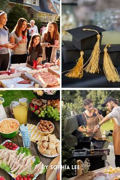 the collage shows people preparing food and cooking on an outdoor grill with graduation caps