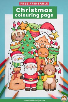 a christmas coloring page with santa claus and other cartoon characters in front of it, surrounded by colored pencils