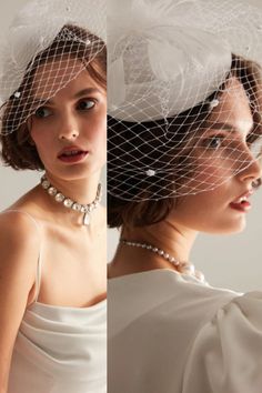 two pictures of the same woman wearing a veil with pearls on it and one has a headpiece