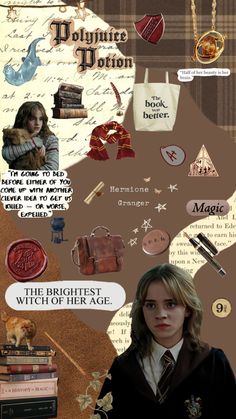 a collage of harry potter's books and other things on the page, including an image of her