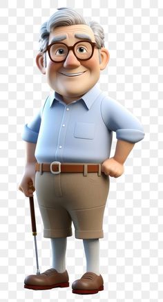 an old man with glasses holding a cane in his hand, cartoon character png