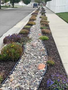 a garden path made out of rocks and gravel next to a sidewalk in front of a house