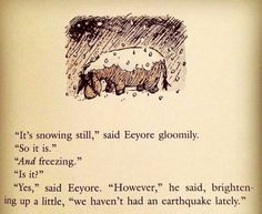 an old book with a drawing of a hippo in the rain, and text that reads it's snowing still