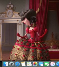 an animated doll sitting on top of a ball gown