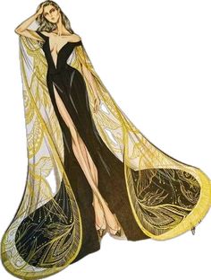 a drawing of a woman in a black and yellow dress with long flowing veils