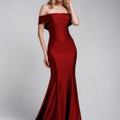 Long Formal Evening Dresses With Straight Neckline, Off Shoulder Dress, Open Back With Zippered Closure, Mermaid Shape. Material: 100% Polyester Open Back Long Dress Straight Neckline Long Mermaid Silhouette Style: Straight Neckline, Mermaid Silhouette, Long, Open Back Occasion: Formal, Evening, Cocktail, Guest Of Wedding, Bridal, Bridesmaid, Banquet, Prom, Ball, Graduation, Special Occasion. Garment Care: Dry Clean Suggested Braidsmaids Dresses Red, Red Evening Gowns Elegant, Red Maid Of Honor Dress, Red Bridesmaid Dresses Long, Cocktail Dress Classy Evening, Brown Prom Dress, Dark Red Bridesmaid Dresses, Bodycon Outfit, Bridesmaid Dresses Red Long