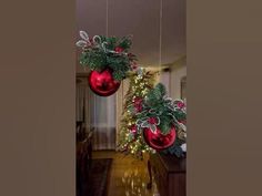 two christmas decorations hanging from the ceiling