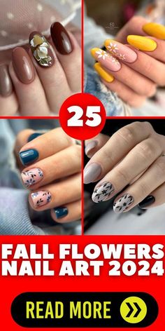 Floral Nail Art Short Nails, Fall Foliage Nails, Nails Leaves Design, Floral Fall Nails, Fall Floral Nail Designs, Fall Flower Nail Designs, Folk Art Nails, Fall Flower Nails, Fall Floral Nails