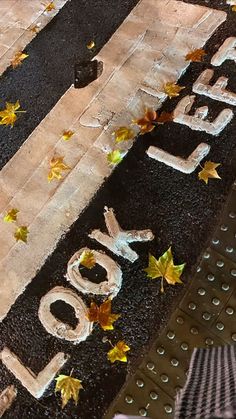 a cake with the word joy spelled out in frosting and leaves laying on it