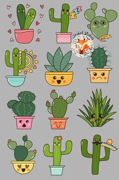 cartoon cactuses and succulents with hearts on their faces, in different colors