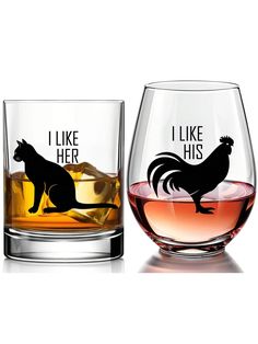 two glasses that have different types of alcohol in them, one with a cat and the other with a chicken on it