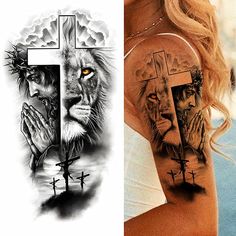 two different tattoos on the same woman's arm and chest, one with a lion