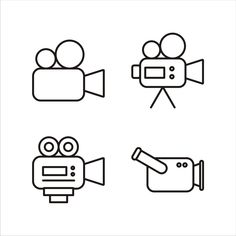 four black and white icons depicting different types of video camera, film camera, movie director