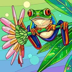 a colorful frog sitting on top of a flower