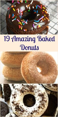 an assortment of baked donuts with chocolate frosting and sprinkles