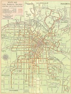 an old map of los angeles showing the streets and major roads in orange, blue, and yellow