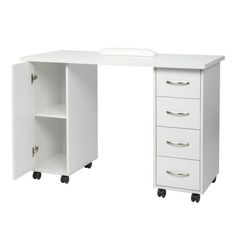 a white desk with drawers and wheels on the bottom shelf is shown in front of a white background