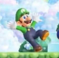 mario and luigi running through the air in front of some green plants with clouds behind them