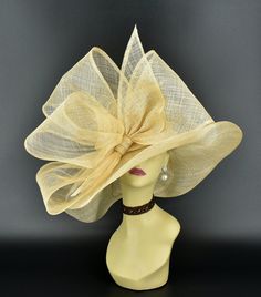 "✿*.Key Features: 100% high quality Sinamay woven material, wide brim with Jumbo bows. It's more beautiful in person! Light and comfortable! Great for Kentucky derby, weddings, Royal Ascot, horse races, cocktails, tea party, or any hat wearing occasion. Hat base size: From front to back appr: 20.5\" (52cm) From left to right appr: 21.25\" (54cm) Wide brim Appr: 7~8\" Head girth: 22.5\" (57cm) , adjustable string inside to make smaller to fit your head. If you want other colors in this style, jus Elegant Panama Hat With Curved Brim For Kentucky Derby, Gold Wide Brim Straw Hat For Kentucky Derby, Elegant Curved Brim Panama Hat For Kentucky Derby, Elegant Panama Hat With Short Brim For Kentucky Derby, Gold Wide-brim Straw Hat For Kentucky Derby, Elegant Short Brim Panama Hat For Kentucky Derby, Elegant Brimmed Panama Hat, Elegant Natural Panama Hat, Elegant Wide Brim Panama Hat In Beige