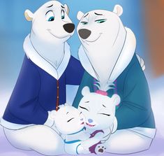 two polar bears sitting next to each other on the ground with one bear hugging another