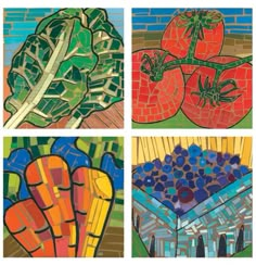 four different paintings of vegetables and fruits