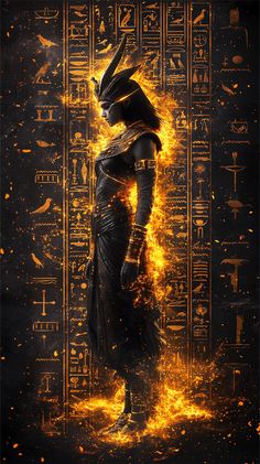 an egyptian woman standing in front of fire with her hands on her hips and head turned to the side