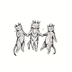 three cats are holding hands in the air