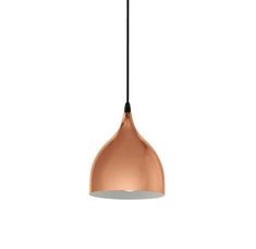 a copper colored pendant light hanging from a black cord on an isolated white wall background