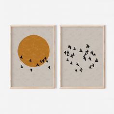 two framed pictures with birds flying in the sky