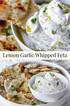 two pictures with different types of food in them and the words lemon garlic whipped feta