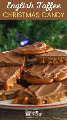 chocolate covered christmas candy on a plate with the words english toffee christmas candy