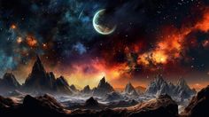 an alien landscape with mountains and planets in the sky