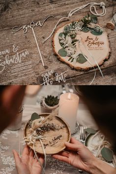 the table is decorated with wooden slices and flowers